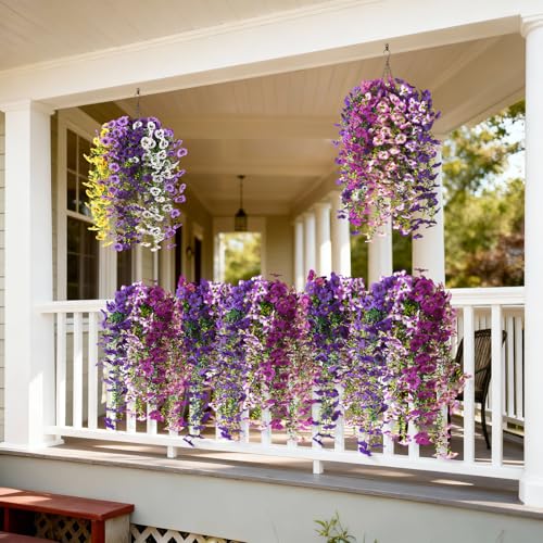 Fake Artificial Flowers for Outdoors, 4 Pcs Faux Hanging Pansy Flowers Spring Summer Decor, UV Resistant No Fade Fake Plants Silk Flower for Planter Front Door Porch Patio Yard Garden(Mixd Purple) - color: Mixd Purple