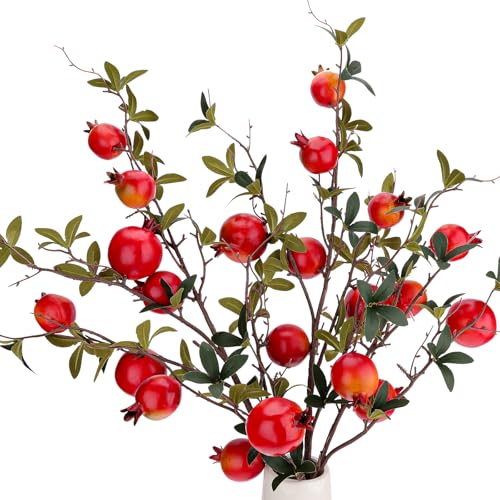 Gresorth Artificial Pomegranate Branch Fake Lifelike Plant Stem Decoration with Leaves Realistic Simulation Fruit Model Vase Home Ornament 3pcs - color: Red Pomegranate