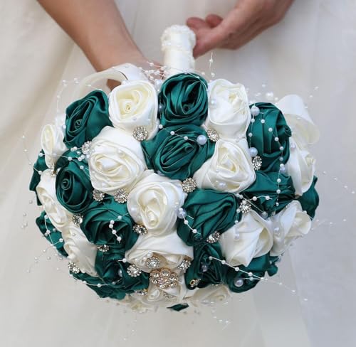 Ujicde Romantic Wedding Bouquet Bridal Bridesmaid Round Bling Brooch Bouquet Throw Toss Artificial Rose Flower Bunch with Sparkle Rhinestone Crystal Decoration(Dark Green+Ivory,Dia. 6.3"*16cm) - color: Dark Green+ivory, size: Dia. 6.3"*16cm