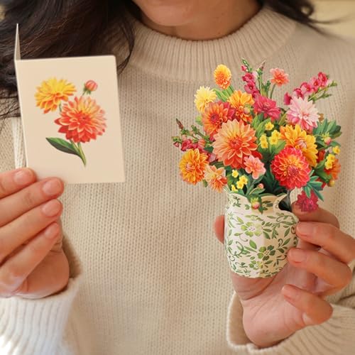 Freshcut Paper Mini Dahlia Sunrise 5.5 Inch Life-Sized 3D Pop Up Cards – Greeting Card, Birthday, Mothers Day, Thank You, Gifts for Mom and Her – Includes Notecard and Envelope - color: Dahlia Sunrise, size: Mini