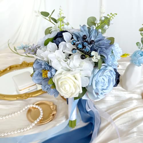 9 Inch Dusty Blue White Wedding Bouquets for Bride Bridesmaid, Artificial Fake Roses Flowers Navy Blue White Bridal Bouquet Fall Boho Vintage Rustic Wedding Decoration Prom Toss Bouquet - color: Dusty Blue White