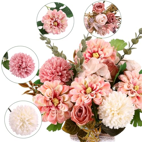 CEWOR Fake Flowers in Vase, Artificial Flowers with Vase Faux Silk Floral Arrangement Table Centerpieces Decor for Home Office Dining Farmhouse Coffee Table Living Room Bathroom Plant Decor (Pink) - color: Pink