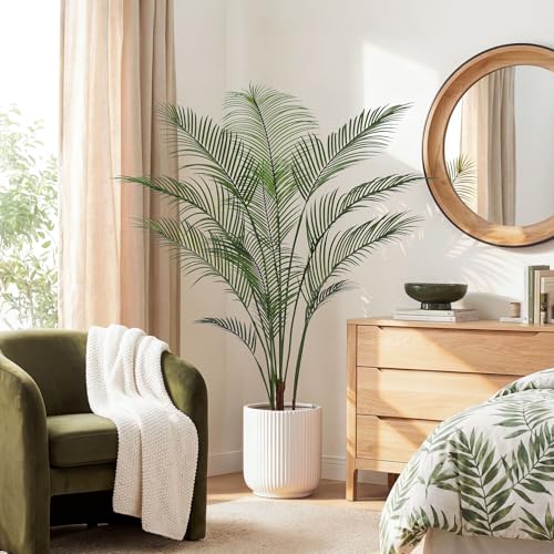 Artificial Palm Tree 5FT Tall Faux Palm Tree Indoor Fake Plants Faux Tropical Plant, UV Resistant & Maintenance Free Indoor/Outdoor Fake Tree in Pot for Home Office Living Room Patio Decor - style: 5FT Fine Leaved