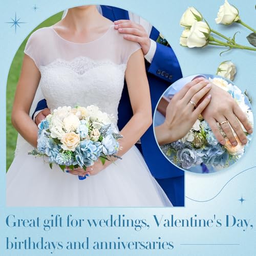 Tigeen Artificial Flowers Artificial Peonies Silk Flowers Faux Peony Fake Peony Silk Hydrangea Bouquet for Wedding Table Centerpiece Floral Vase Decor(White,Blue,12 Bundles) - color: White,blue