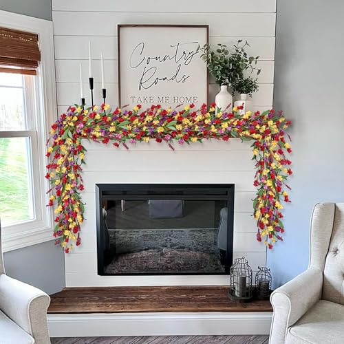 6ft Spring Summer Flower Garland, Artificial Floral Vine for Wall Backdrop Mantle Fireplace Stair Table Wedding Arch, All Season Home Door Porch Decor (Yellow+Red) - color: Yellow+red