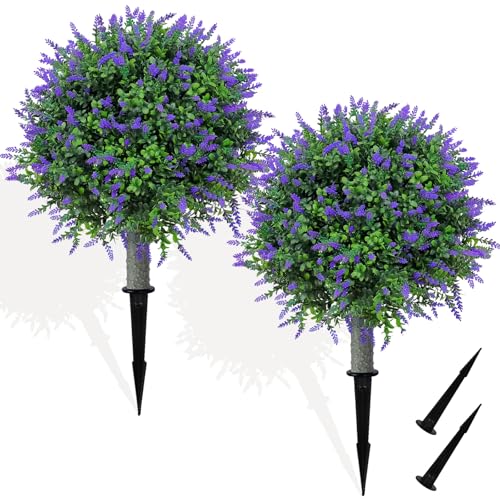 Artificial Lavender Topiary Realistic Faux Shrubs, UV Resistant Fake Plants Trees for Outdoor Front Porch Yard Landscaping Decor-2 Pack - color: Lavender Tree