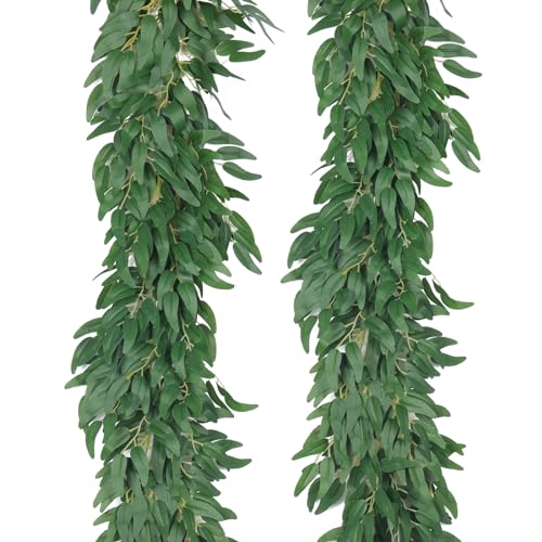 RECUTMS Artificial Willow Leaves Vine Twigs 2Pcs 6Ft Fake Hanging Plant Silk Willows Leaf Ivy Garland Faux Italian Ruscus Greenery Indoor Outdoor Wedding Arch Jungle Beach Birthday Party Garden Decor - color: Dark Green Willow Vine