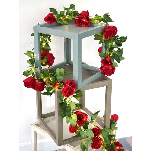 FiveSeasonStuff 29 Ft 4 Pack Christmas Red Rose Silk Flower Garland Artificial Flowers Decoration Hanging Floral with 66 feet String Lights - color: Christmas Red With Fairy String Lights