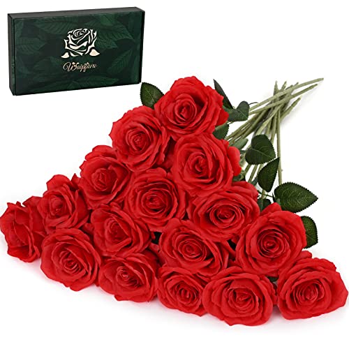 Waipfaru 16 Pcs Artificial Flowers Fake Silk Roses, Faux Real Touch Roses Bouquet with Long Stem for Wedding Party Home Decor (Red) - color: A-red, size: 16 Pcs