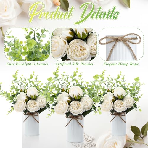 6 Sets Artificial Peonies Flowers, 6 Artificial Peony with Vase 6 Faux Eucalyptus, Faux Silk Peony Bouquet Spring Flowers for Decoration Wedding Party Home Dining (White) - color: White
