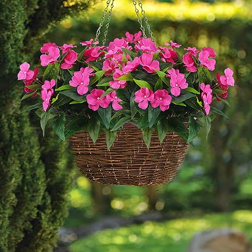 2 Branches Artificial Impatiens Flowers for Outdoors - Faux Bushes Rose Red Silk Flowers Greenery Bouquet for Patio Lawn Garden Pot Hanging Basket Porch Decoration - color: Rose Red