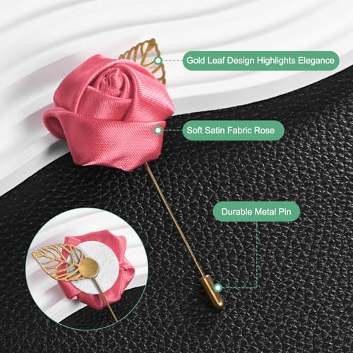 M METERXITY 1-Pack Flower Lapel Pins for Men, Golden Leaf Rose Boutonnieres Pin Groom Boutonnieres for Wedding/Dance/Party, Men Lapel Pins for Suits Satin Flower Corsage [Dark Pink] - color: Dark Pink