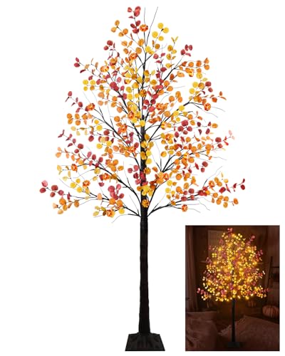Uieke 6FT 96LED Lighted Thanksgiving Eucalyptus Tree Artificial Tree with 24PCS Pumpkin Lights 8 Modes Thanksgiving Fall Decorations for Home Autumn Decor Indoor Outdoor - style: 6FT Fall Tree(1Pack)