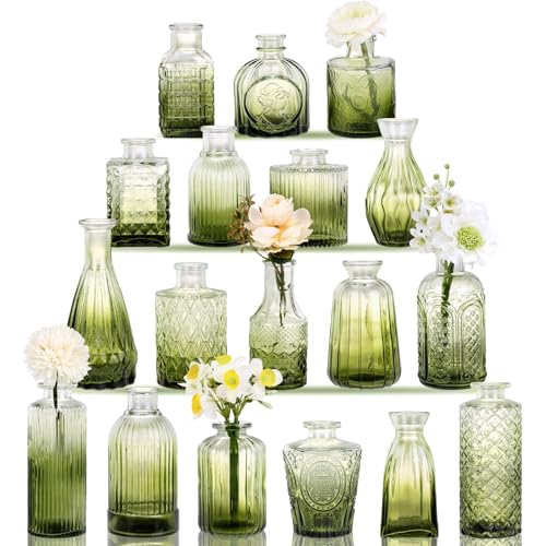 18pcs Green Glass Bud Vase Set, Small Flower Vases for Centerpieces in Bulk, Mini Vintage Vase for Home, Wedding, Table Decor - color: Green, size: 18pcs