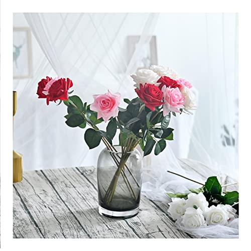 ZMZQ&flw Roses Artificial Flowers 12PCS, White Red Pink Mix Real Touch Silk Flowers, Realistic Single Fake Flower with Individual Stems Leaves - color: Mixed Colors 12pcs