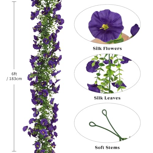 2 Pack Artificial Petunias Flowers Garlands, 6FT Purple Fake Morning Glory Flowers Eucalyptus Vine for Decoration Silk Flowers for Outdoor Home Garden Wall Wedding Decor(Purple) - color: Purple