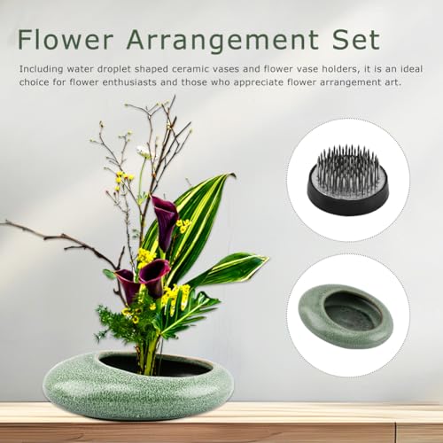 Japanese Ikebana Vase Kit w/ 1.57" Kenzan, Ceramic Pebble Bowl - color: Green