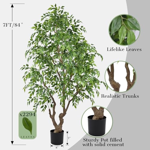 7ft Artificial Ficus Tree Indoor - Tall Faux Banyan Tree with 2294 Leaves & Realistic Trunk, 84" Large Fake Ficus Potted Plant for Home Office Living Room Porch Mall Decor