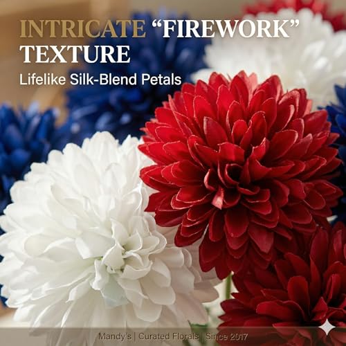 Mandy's 12pcs Artificial Red White Blue Chrysanthemum | 11.8 inch Artificial Mums Flowers for Home Table Centerpiece Summer Decor Silk Flowers for Porch Patio and Wedding - color: Red White Blue