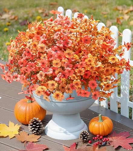 florisso Artificial Fall Flowers Fake Mums for Outdoor Autumn Decoration, 12 Bundles Faux Silk Orange Yellow Mums Daisy Look Real UV Resistant for Outside Home Porch Patio Planter - color: Fall Orangeyellow