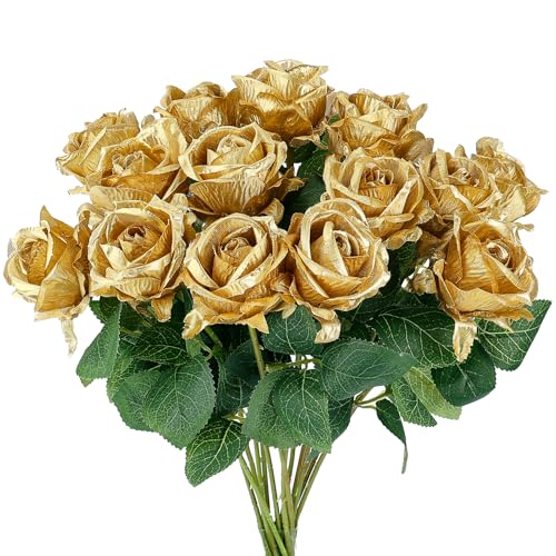 Auihiay 14PCS Gold Artificial Roses, Silk Rose Bouquet with Long Stems for Father's Day, Valentine's Day, Anniversary, Cake Decor, Valentine's Day & Home Decoration - color: Gold