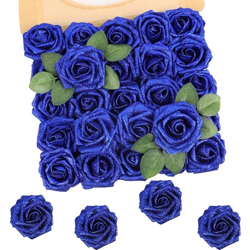 30Pcs Royal Blue Artificial Crystal Rose Artificial Flowers, Realistic Fake Crystal Roses for Wedding Center Decorations, Party Home Decorations, Valentine's Day, Bouquets. - color: 30pcs Royal Blue