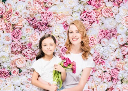 7x5ft Rose Floral Wall Backdrop Pink Rose Flowers Background Tea Party Backdrops Wedding Birthday Bridal Shower Valentine's Day Mother's Day Party Decoration Banner Studio Props - size: 7x5ft