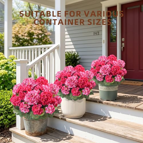 Geraniums Artificial Flowers for Outdoors, 2 Pack Potted Plants Faux Geraniums Bush Artificial Topiaries Realistic UV Resistant Fake Flowers Greenery for Outside Gardens Porch Patio Yard Indoor, Mix - color: 6 Pink, 6 Hot Pink