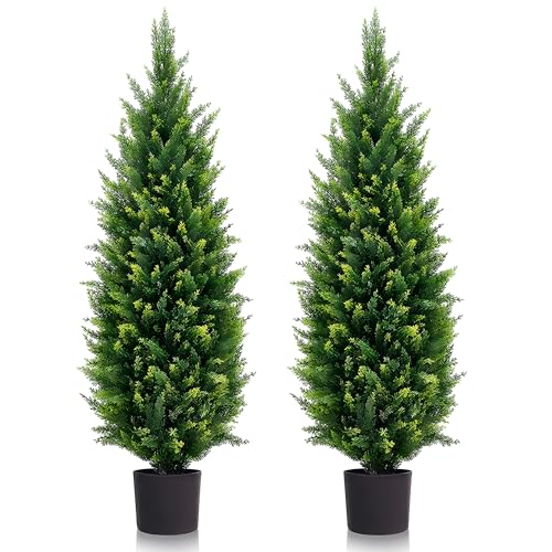 4FT Artificial Topiary Trees Beautiful Realistic Faux Cedar Pines UV Protection for Indoor Outdoor Front Porch Decorate- Set of 2 - size: 4ft