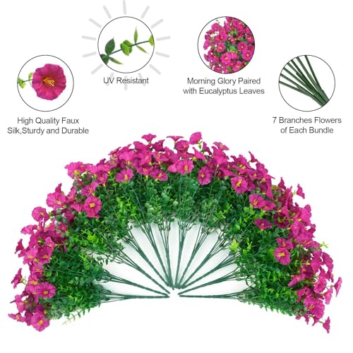 Ouddy Decor 24 Bundles Artificial Flowers for Outdoors Decoration Fake Silk Morning Glory Flowers Faux Eucalyptus Plants UV Resistant for Porch Patio Garden Spring Summer Home Decor, Fuchsia - color: Fuchsia