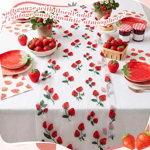 Mindsoft 3 Pcs Strawberry Table Runner, 10ft Tablecloth Strawberry Party Decorations Gauze Embroidery Tulle Lace Runner, for Table Wedding Birthday Bridal Baby Shower Holiday Dining Decor DIY - style: Strawberry