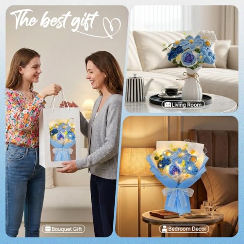 Crochet Flower Bouquet, Blue Handmade Knitted Flowers with Lights & Vase, Crochet Galsang Rose Daisy Flower for Mothers Day Graduation Wedding Lover Teacher Anniversary Birthday Gift (with Card & Bag) - color: Blue
