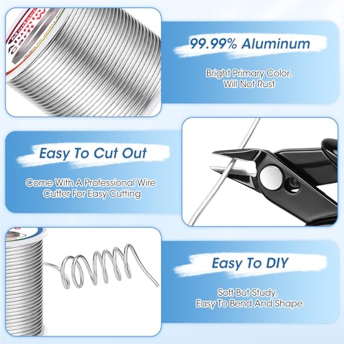 Modacraft 12 Gauge Aluminum Wire - 100 Ft 2mm Bendable Metal Craft Wire with Micro Flush Cutter for Sculpting, Jewelry Making, Floral Design, Doll Making, Bonsai Training, and DIY Crafts - size: 12 Gauge
