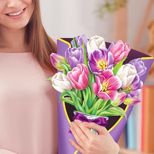 Airpark Pop Up Flower Bouquet Card for Women, 3D Floral Greeting Card with Envelope and Note, Birthday Thank You Thinking of You Get Well Gift for Mom Friend Wife Teacher, Tulip - style: Tulips