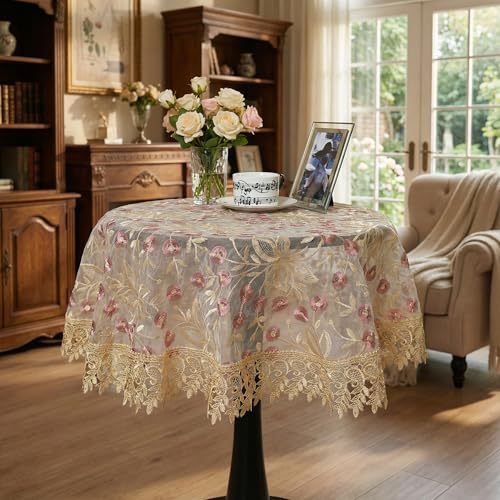 Lace Table Runner Floral Embroidery Fabric Rustic Table Runners Elegant Chic Table Transparent Cover for Home Dining Room Tabletop Decor Wedding Party Dresser (Champagne&Pink, 24 x 24 Inch(Round)) - color: Champagne&pink, size: 24 x 24 Inch