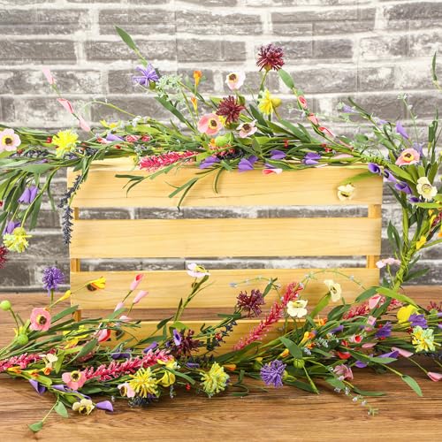 Hotop 6 ft Artificial Wildflower Garland, Wisteria Flowers Daisy and Lavender Faux Floral Vine Summer Spring Floral Fake Garland for Home Wedding Mantle Table Centerpiece Indoor Outdoor Decor(2 Pcs)