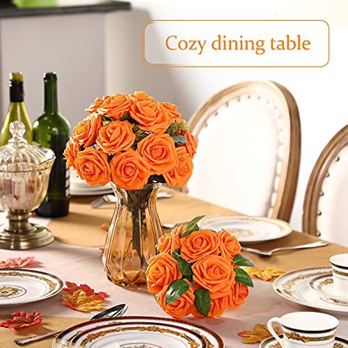 Syhood Artificial Foam Rose Flowers Vintage Fake Roses DIY Bouquets with Leaves and Stems for Wedding Bridal Shower Party Centerpieces Home Romantic Decor(Orange,50 Pieces) - color: Orange