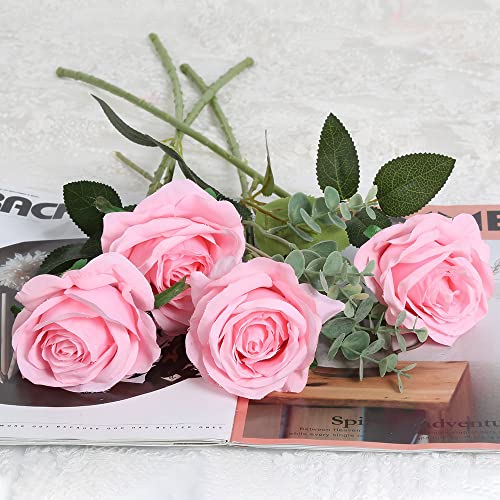 IPOPU 6PCS Pink Silk Lop-Sided Rose Artificial Flower with Long Stem Fake Leaf Roses, Artificial Long Stem Fake Roses Suitable for DIY Wedding, Home Decoration and Outdoor Party. - color: Pink