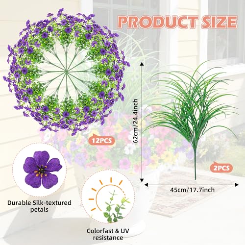INQCMY Artificial Flowers for Outdoors UV Resistant, 14 Bundles Fake Plants Realistic Silk Flowers with Faux Ferns for Outside Planters Home Porch Patio Garden Back Yard Spring Summer Decoration - color: Deep Purple Rose Red White Yellow