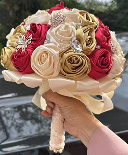 Sharebeauty 9.4" Handmade Satin Rose Bridal Bouquet Toss Round Wedding Bouquet Throw Toss Artificial Flower Bunch Dark Red + Pale Gold + Cream - color: Dark Red/Pale Gold/Cream, size: 9.4"/24cm