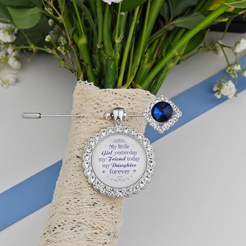 Something Blue Gift for Bride Bouquet Charms for Wedding Memory, Bridal Shower Gifts from Mom,Rhinestone Artificial Sapphire Wedding Gifts Bouquet Dress Pin with Touching Saying - style: My Little Girl 2 (WhiteK)