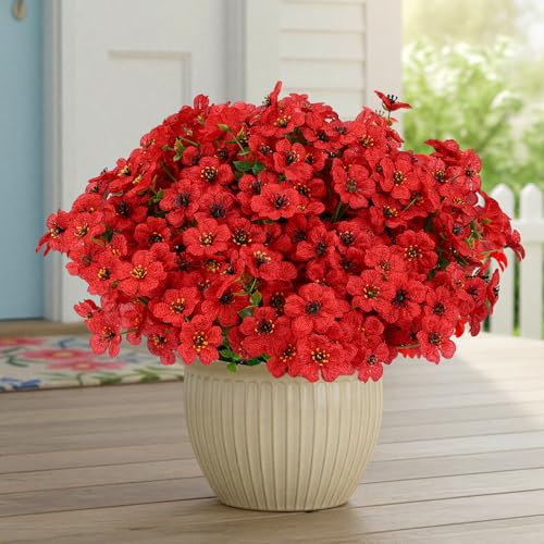 CEWOR Artificial Flowers for Outdoor Indoor, Fake Silk Daisy with Eucalyptus Leaves, Faux Flower for Valentine's Day Decor Garden Front Door Porch Planter Patio Home Decor (24 Bundles, Red) - color: Red Daisy