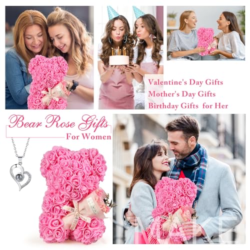 Mothers Day Rose Gifts for Mom Rose Bear Pink Teddy Bear Birthday Gifts for Women Wife Daughter Girlfriend,Flower Bear with Rose Bouquet and I Love You Necklace - color: Pink