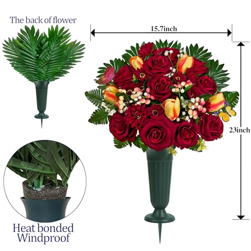 Artificial Cemetery Flowers for Grave,Memorial Flowers Bouquet with Vase for Headstones Decoration Red Rose Daisies Berry Tulips - color: Red