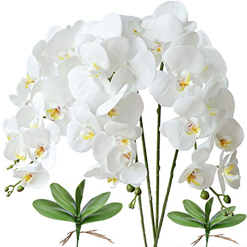FagusHome 32 Inches Artificial Phalaenopsis Flowers 4 Pcs with 2 Bundles Leaves Artificial Orchid Flowers Stem Plants for Home Décor (White) - color: White
