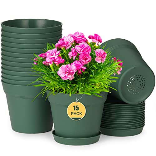 homenote Plant Pots,15 Pack 6 inch Flower Pots with Multiple Drainage Holes and Saucers,Plastic Planters for All Home Garden Flowers Succulents(Green) - color: Green-15 Pcs, size: 6 Inch