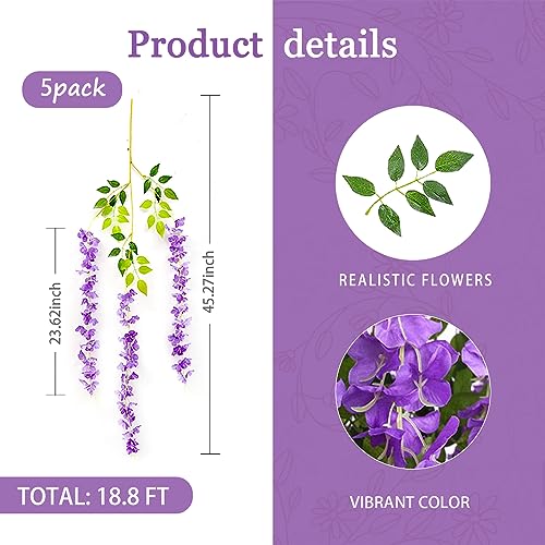 5 Pack Purple Wisteria Hanging Flowers Garland, 3.77 Feet Artificial Flower Vines, Fake Wisteria, Artificial Vines Hanging Garland for Backdrop Outdoor Yard Garden Decor - color: Purple, size: 5 PCS