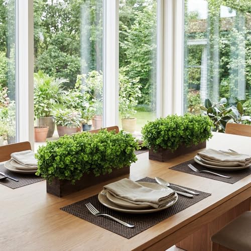 Lyrow 2 Pack Artificial Eucalyptus Plant in Rustic Rectangular Wooden Planter Box Greenery Faux Potted Herb Plant for Indoor Wedding Table Centerpiece (Emerald,16 x 3.7 x 8.7 Inches,Stylish Style) - color: Brown, size: 16.1 Inch, style: Emerald Green Roun