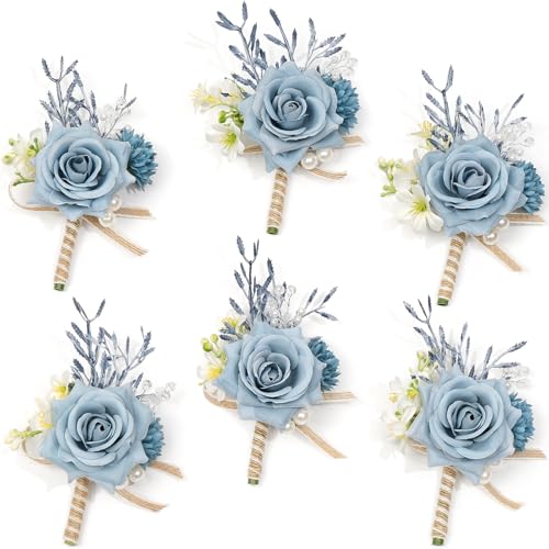 Serwalin 6PCS Boutonniere for Men,Groom and Best Man Boutonnieres for Wedding Decor Prom Anniversary Homecoming Flowers Formal Dinner Party (Blue & Dusty Blue) - color: Dusty Blue, size: Boutonniere 6pcs