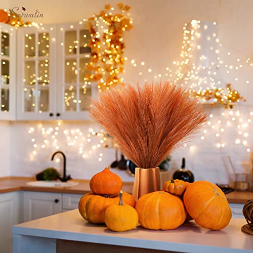 Serwalin Pampas Grass Decor 17.7 Inch 6 Pcs Orange Pampas Grass, Faux Burnt Orange Pampas Fall Boho Decor, Wedding Party Table Centerpieces Rust Home Decor Pampas Floral Arrangement - color: Orange, size: 17 Inch 6 Pcs